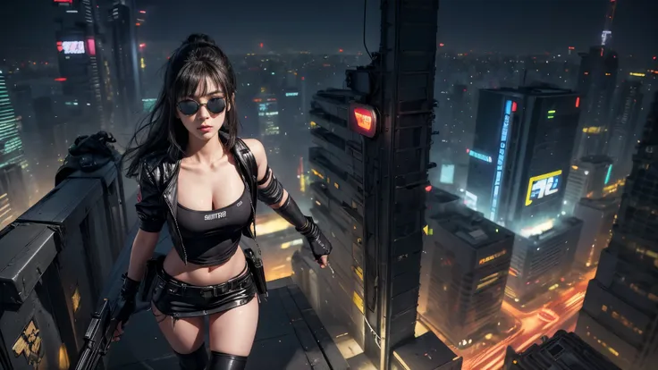 8k, Realistic Skin Texture, Realistic Photo, Neo Tokyo, slim women, large-breast:1.3 cleavage:1.2, AD2050 at night, Dirty hunting jacket, Wearing tube top, miniskirt, (((black sunglasses, automatic rifle, sneakers, cold, shooting pose, very low angle view)...