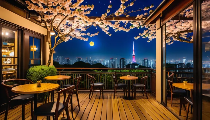 Tokyo at night, balcony of a cafe with a calm atmosphere, night view, night cherry blossoms, crescent moon and shining stars, chairs and tables, ornamental plants,