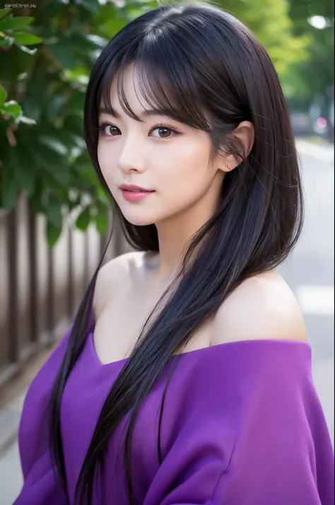 (8K,Photorealistic　to be born写真　Highest quality;1.4) Mature Woman,so beautiful(A vivid face) ,(Long black hair),清楚なQueen,Gorgeous black and purple Japanese woman&#39;Traditional costume,Engage your audience,Beautiful expression,Moist black eyes,Queenのメイクアッ...