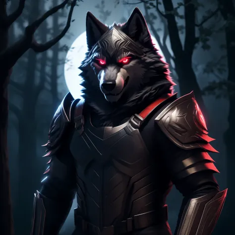 posing, male, 30 years old, biting lip smile, suit of gothic armour, bedroom eyes, anthro, wolf ears, (blakck fur:1.5), wolf, fo...