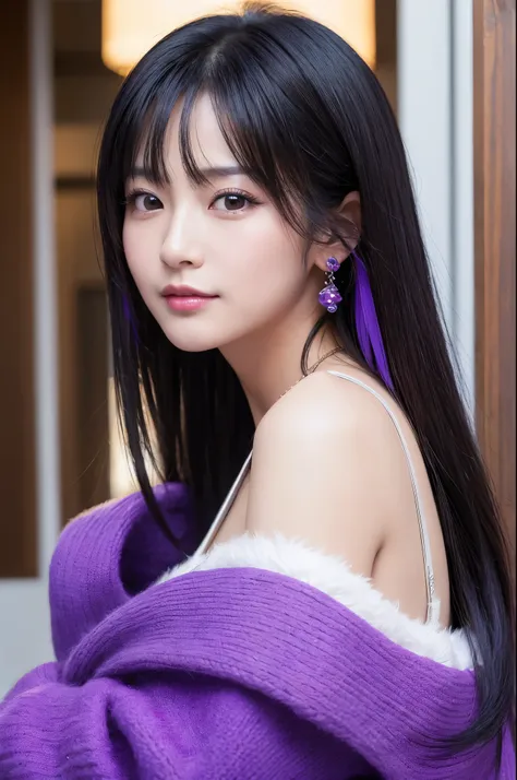 (8K,Photorealistic　to be born写真　Highest quality;1.4) Mature Woman,so beautiful(A vivid face) ,(Long black hair),清楚なQueen,Gorgeous black and purple Japanese woman&#39;Traditional costume,Engage your audience,Beautiful expression,Moist black eyes,Queenのメイクアッ...