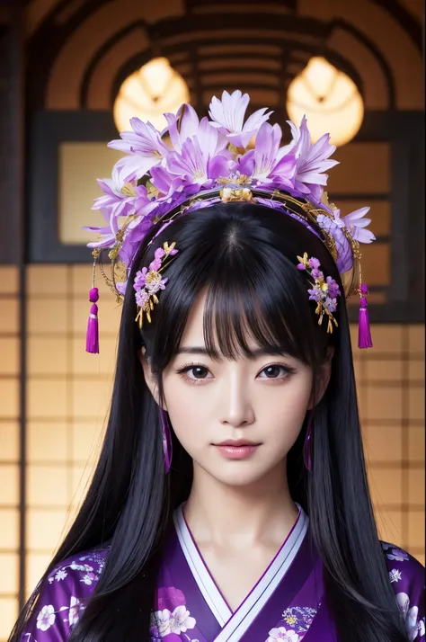 (8K,Photorealistic　to be born写真　Highest quality;1.4) Mature Japanese Goddess,so beautiful(A vivid face) ,(Long black hair),清楚なQueen,Gorgeous black and purple Japanese goddess&#39;Traditional costume of the month,Engage your audience,Beautiful expression,Mo...