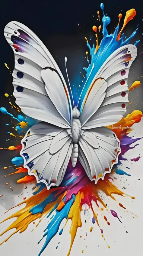 painting of a butterfly with colorful paint splashs on it, butterfly pop art, harmony of butterfly, butterfly, beautiful opened wings, detailed realistic colors, splash of color, colorfull painting, stunning art style, stunning artwork, photo of a mechanic...