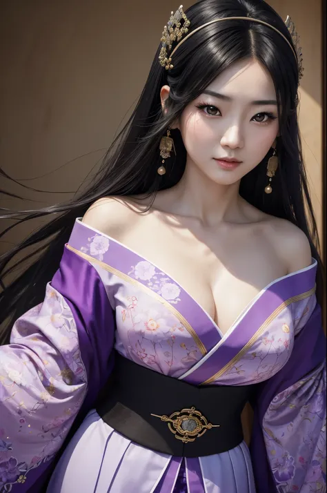 (8K,Photorealistic　to be born写真　Highest quality;1.4) Mature Japanese Goddess,so beautiful(A vivid face) ,(Long black hair),清楚なQueen,Gorgeous black and purple Japanese goddess&#39;Traditional costume of the month,Engage your audience,Beautiful expression,Mo...