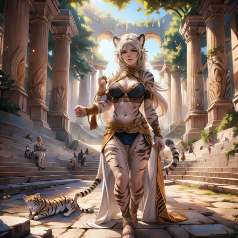 the scene takes place in a Flavian Amphitheater, [Best quality, shadow, extreme detail, very detailed, ultra detailed, complex, realistic, complex and detailed masterpiece of an ancient Greek dream], the dream is of the breed human cats, she is decorated w...