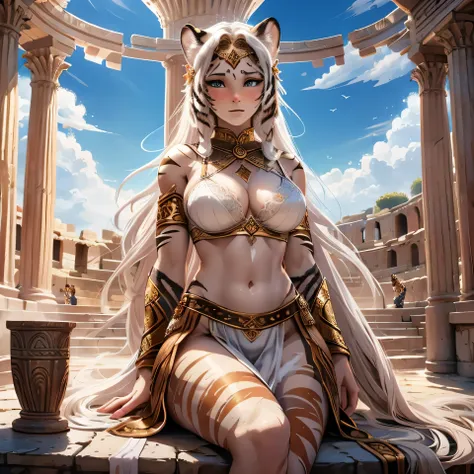 the scene takes place in a Flavian Amphitheater, [Best quality, shadow, extreme detail, very detailed, ultra detailed, complex, realistic, complex and detailed masterpiece of an ancient Greek dream], the dream is of the breed human cats, she is decorated w...