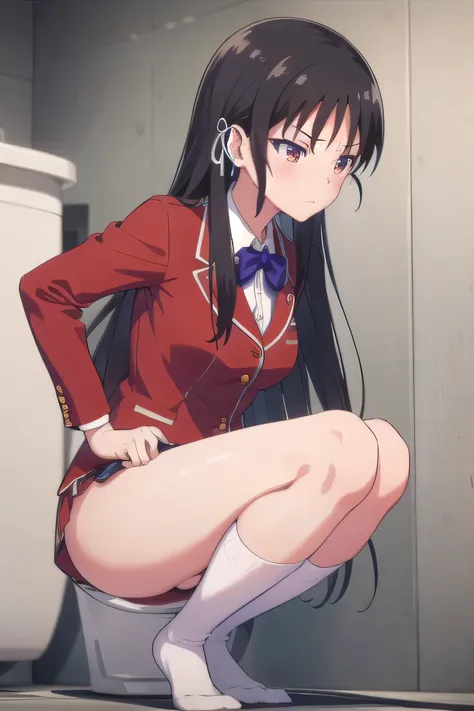 nsfw,suzune horikita,toilet,A full-body shot of a person sitting in the toilet,front,from the front,uniform,Red blazer,Hair ribbon, black knee-high socks,pull down pantie,(looking away)