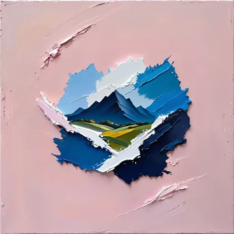 a thick textured oil painting, impasto brushstrokes, dry brushing,revealing underlayers, abstract landscape, moody lighting, dramatic shadows, muted earthy colors, vibrant colors, highly detailed, masterpiece, using a palette of light pink, muted blue, dar...