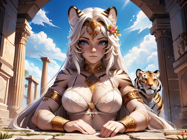 the scene takes place in a Flavian Amphitheater, [Best quality, shadow, extreme detail, very detailed, ultra detailed, complex, realistic, complex and detailed masterpiece of an ancient Greek dream], the dream is of the breed human cats, she is decorated w...