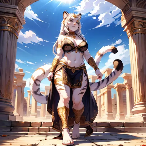 the scene takes place in a Flavian Amphitheater, [Best quality, shadow, extreme detail, very detailed, ultra detailed, complex, realistic, complex and detailed masterpiece of an ancient Greek dream], the dream is of the breed human cats, she is decorated w...