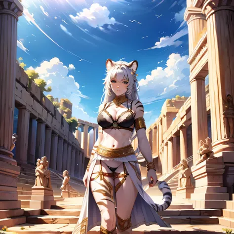 the scene takes place in a Flavian Amphitheater, [Best quality, shadow, extreme detail, very detailed, ultra detailed, complex, realistic, complex and detailed masterpiece of an ancient Greek dream], the dream is of the breed human cats, she is decorated w...