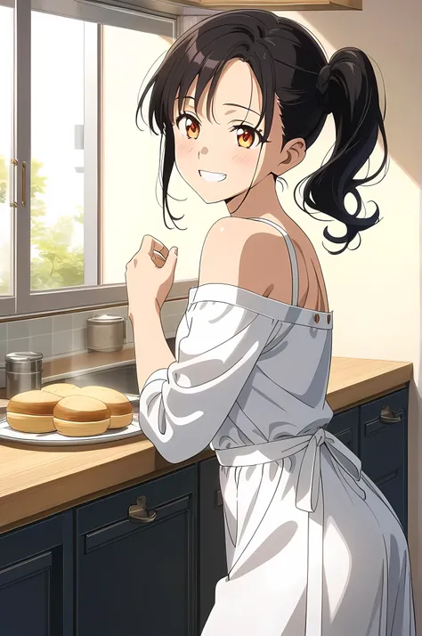 best quality, amazing quality, very aesthetic, absurdres, (1girl,solo, orange eyes, black hair, side ponytail), (realistic face:0.9),(off-shoulder dress:1.8),dress lift, (grin, blush, thigh:1.3), (cowboy shot), (glowing eyes), (half closed eyes:0.9), (from...