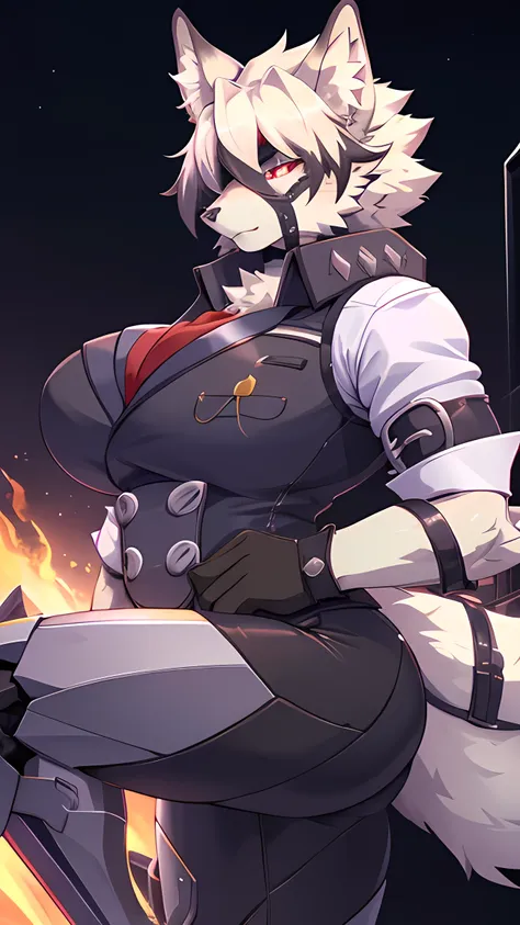 female, Von Lycaon, (Zenless Zone Zero), wolf, sexy muscular body, cute face, kuudere, detailed eyes, clean eyes, red eyes, white sclera, eye patch, huge breasts, mechanical legs, wearing butler uniform, vest