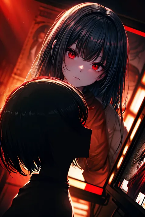 a masterpiece, a woman with red eyes stands in front of a window, beautiful eyes are visible on a large monitor screen in the background, a girl in the center, a silhouette of a girl in the center, red lighting, red eyes, blood, detailed, luminous, dim roo...