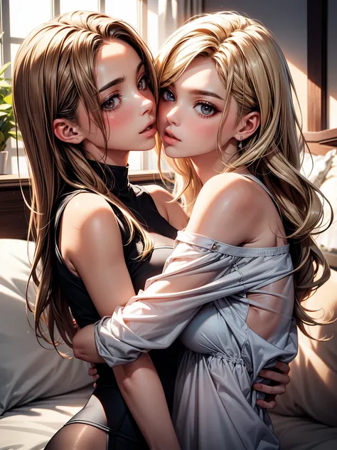 Female lover in kissing, 2 lady, naked shirt female kissing in the bed, press to bed and kiss, (SFW) Work, kissing together cutely, Girls Love Art, OPPEIN, Slightly saggy big breasts, small breasts, (((Extra long blonde wavy hair))), (((Brown shoulder-leng...