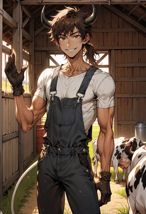 solo, male, black bull horns, tan skin, long messy brown hair, messy hair bangs, brown eyes, young male, farm, overalls and shirt, cow tail, slender waist, smile, t-shirt, ponytail, barn, freckles, slender male, close up, cow ears, very tall, gloves, bulgi...