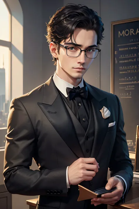 boy, Two (((Very detailed face)))), ((very detailed eyes and face)))), waist-high portrait, dynamic pose, glasses on face. He wears a black tuxedo, he stands near the board with calculations, very detailed background - a beautiful expensive office overlook...