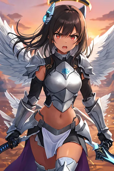 fantasy, 1angel_girl, low_teen, dark_brown_hair,long_bangs, (dark_skin)+, bare_shoulder, navel out, thighhighs,silver_shiny_armor, white_clothes,waist_armor, Glebe, hold_swords_emits_light, medium_breasts, dynamic_flying_pose,Floating, (1pair_white_wings:1...