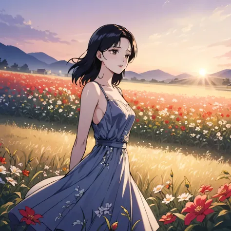 a beautiful korean idol woman in an open field of flowers, (best quality,4k,8k,highres,masterpiece:1.2),ultra-detailed,(realistic,photorealistic,photo-realistic:1.37),mature:1.3,sensual,seductive dress,soft cinematic lighting,dusk outdoor scene,depth of fi...