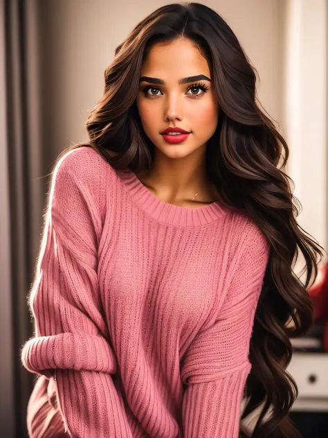 a woman with long hair and a pink sweater posing for a picture, isabela moner, thick red lips, portrait sophie mudd, 💋 💄 👠 👗, sexy red lips, jaw dropping beauty, sexy lips :5 stylish, red lips, jaw-dropping beauty, photo of the beauty gal gadot, olivia cul...