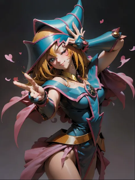 dark magician gils. Making the peace and love sign with his fingers, smile . Magic of hearts in the air. Sensual and seductive pose. Mystical magic background 