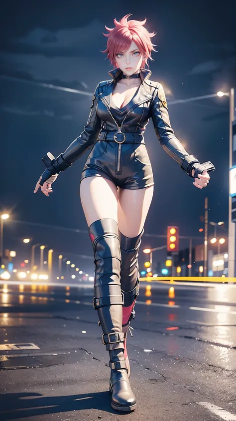 biker Rocker girl, motorcycle, Leather garment, Short hair, yellow glowing eyes, Dark colors, leather waist, ultra detailed face, long eyelashes, skinny, Cyberpunk, Neon lights, Red hair, long boots, tightsuit, Night, the city street, mitts, rain