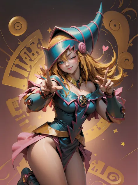 dark magician gils. Making the peace and love sign with his fingers, smile . Magic of hearts in the air. Sensual and seductive pose. Mystical magic background 