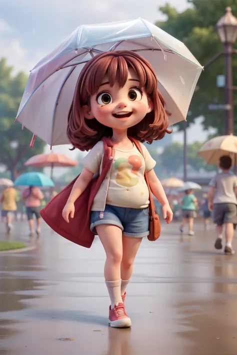 ((best quality)), ((masterpiece)), (detailed), a cute so fat litle girl runing with so many friends in the rains wearing casual t-shirts and holding an umbrella, she looks so happy, in the citypark(so many people around)