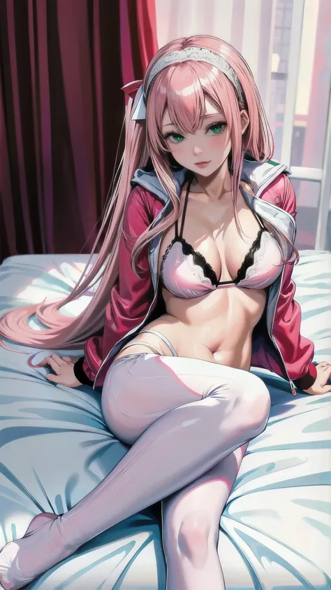 old milf mommy Zero Two laying on white bed, 30 years old, pink lacy bikini, white hairband, pink hair, long hair, horns, hairband, green eyes, zero two, jacket, leggings, red jacket, feet in leggings, perfect round medium 