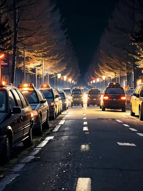 A line of taxis parked along a forest road、midnight、Dark and spooky atmosphere、Pitch black、