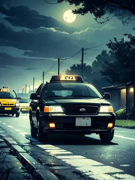 A line of taxis parked along a grassland road、midnight、Dark and spooky atmosphere、Pitch black、