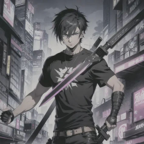 Man, solo, Short hair, Kusanagi Kyo, short, spiky hair with a slightly tousled look, often styled to have a cool, edgy appearance, wearing a black t shirt, long bermuda, sneakers, cyberpunk style, holding a giant sword(neon sword), 