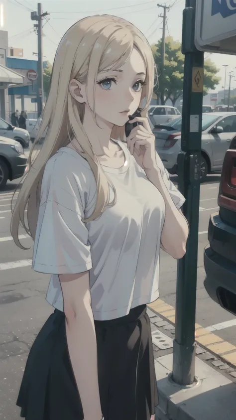 ((best quality)), ((masterpiece)), (detailed), one girl with long blond hair in white t-shirt and black skirt calling with phone in hand on parking lot on gas station. 