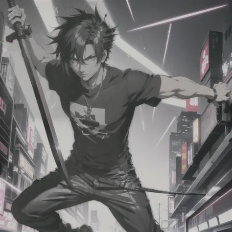  1 Man, solo, Short hair (Kusanagi Kyo), short, spiky hair with a slightly tousled look, often styled to have a cool, edgy appearance, wearing a black t shirt, long bermuda, sneakers, cyberpunk style, holding a giant sword(neon sword), 