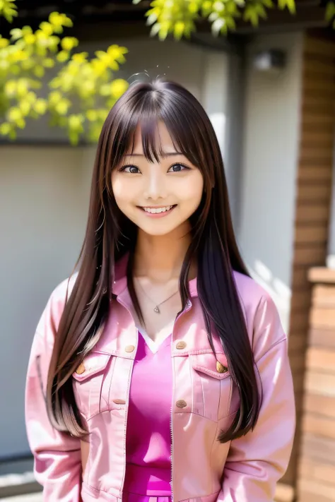 indoor, Asian woman with long hair and pink jacket, neat hair with bangs, Long hair with bangs, Ulzzang, Hime cut, Jaeyoung Nam, long hair with bangs,, Face that faithfully reproduces the face of LoRA, High resolution, Very detailed, Natural Bangs, highest...