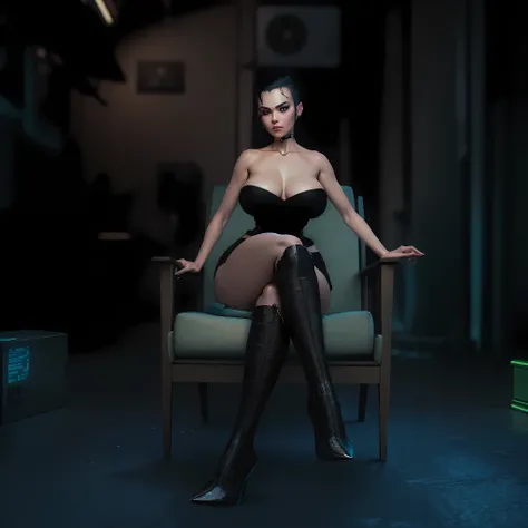 (masterpiece), (best quality), (ultra-detailed), ((masterpiece)) ((best quality)) ((ultra-detailed)) arafed woman sitting in a chair in a dark room, lacivious pose, sinister pose, sitting in a chair, sitting on chair, seductive cyberpunk dark fantasy, sitt...