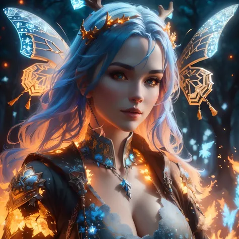 a woman with blue hair and reindeer in a forest, unreal engine fantasy art, the reindeer of fire, epic fantasy art style hd, detailed fantasy digital art, fantasy art behance, digital fantasy art ), 4k fantasy art, epic fantasy digital art style, beautiful...