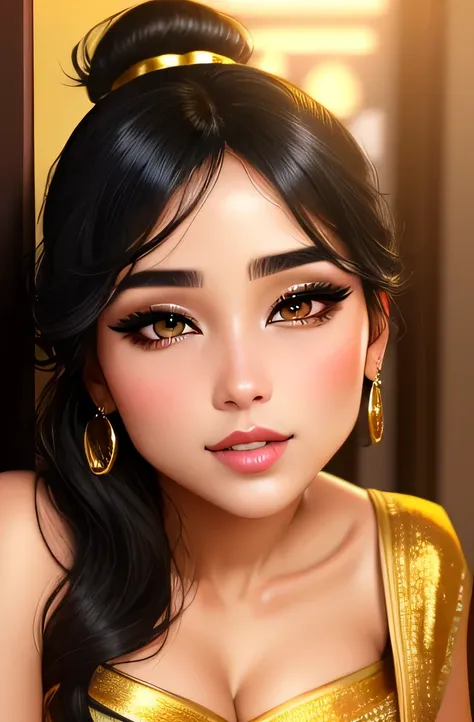 Sexy woman, black hair tied in a bun, smokey eyes, eyeliner, blushing intensely, fairest skin, plump face, soft lips, gold blouse, white saree with gold borders, pinned against a wall