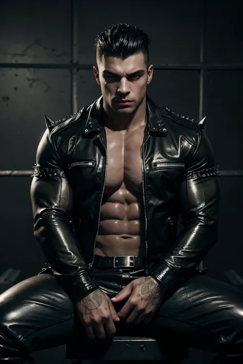 sitting in a dark and dirty prison cell, a beautiful and huge gangsta , european bodybuilder dash, huge muscles, shiny black leather jacket studded and padded with high spikes, black shiny leather shirt, Black shiny leather pants, shaved head, black theme,