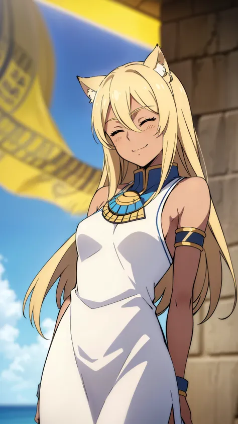 (1girl ,solo,20s,mature female),blonde hair,long hair,cat ears,closed eyes,(((dark skin))),(Egypt, blue sky, sun),white egypt oufit,bare shoulders,looking at view,smile