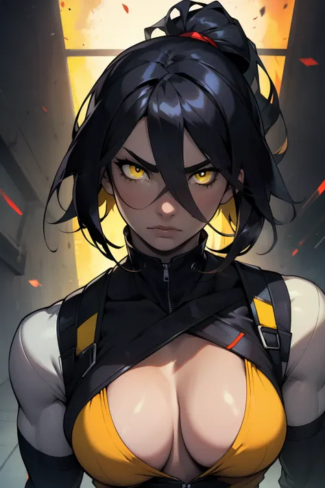 pale angry muscular girl thick breast black hair yellow eyes hair between eyes