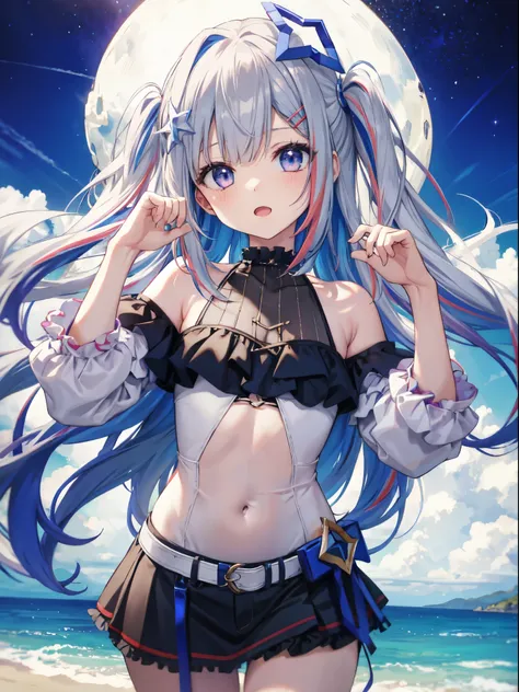 bikini, 1girl, long hair, multicolored hair, official alternate hair length, grey hair, colored inner hair, blue hair, purple eyes, halo, star halo, hair ornament, looking at viewer, bangs, open mouth, two side up, frills, hairclip, cowboy shot, sea, feel ...