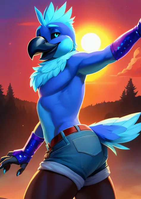 solo male Coby, (((solo))), ((realistic)), cockatiel, anthro, furry, avian, ((clear cyan eyes)), black sclera, long cyan feather mohawk, black beak, blue body with cyan accents, bird feather tail, black bird arms, cyan claws, ((cyan glitter dots on hips)),...