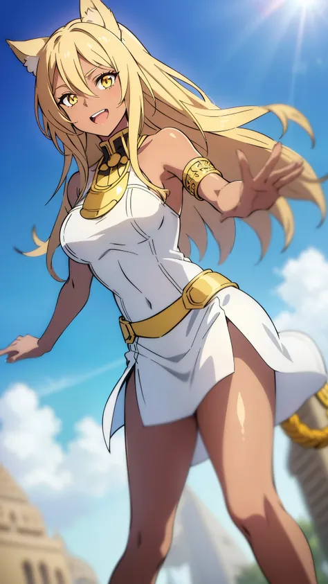 (1girl ,solo,20s,mature female),blonde hair,long hair,cat ears,yellow eyes,(((dark skin))),(Egypt, blue sky, sun),white egypt oufit,bare shoulders,looking at view,((excited))