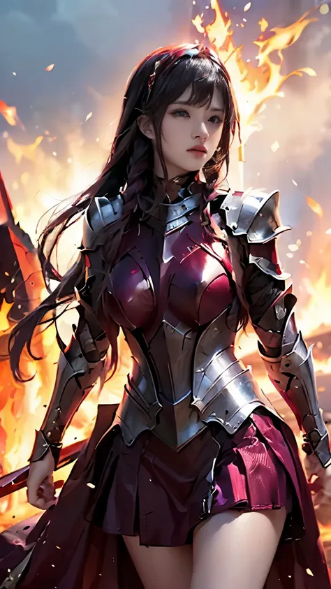 very beautiful woman、slender women、(detailed face)、realistic skin、((knight of fire)), (((red armor:1.25)))、((((black armor with ...