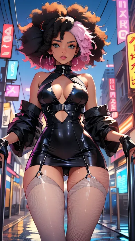 girl spacepunk,(((1girl))),((cute and beautiful afro haired girl)),((((black race)))), (large breasts:1.4),saggy breasts,((((hot pink afro hair:1.35,((afro hair:1.35)),afrohair,afro:1.35,dark hair,black hair,Double hair bun:1.3)))),medium hair,((heterochro...