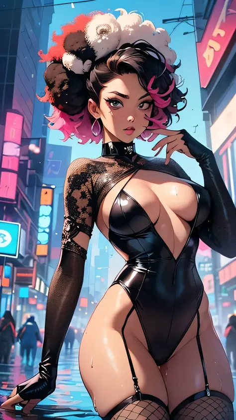 girl spacepunk,(((1girl))),((cute and beautiful afro haired girl)),((((black race)))), (large breasts:1.4),saggy breasts,((((hot pink afro hair:1.35,((afro hair:1.35)),afrohair,afro:1.35,dark hair,black hair,Double hair bun:1.3)))),medium hair,((heterochro...