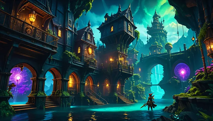 masterpiece of a fantsy world, steampunk, fantasy, elves, furrys, magic guns, floating islands, dungeons, dragons, adventures, extremely detailed, vivid colors, dramatic lighting, cinematic, epic scale, 8k, highly detailed, intricate, photorealistic, dark ...