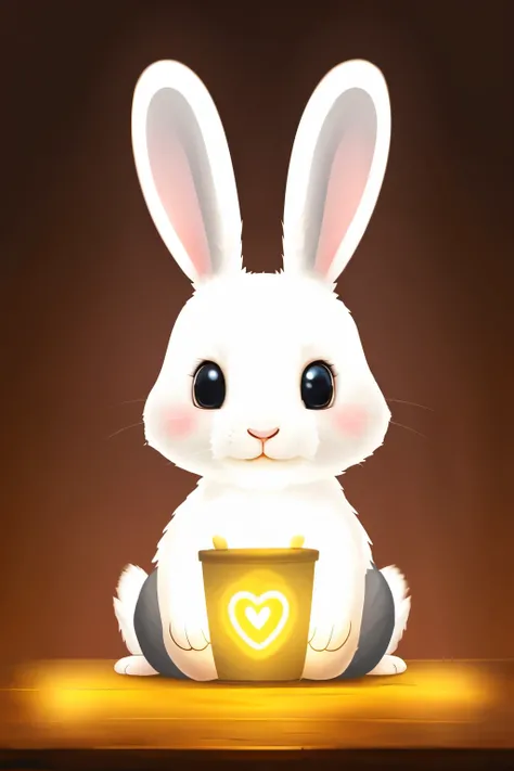 a cartoon rabbit with glowing eyes and glowing eyes sitting on a table, cute anthropomorphic bunny, adorable digital painting, adorable glowing creature, cute digital art, rabbit_bunny, rabbt_character, electrixbunny, super cute and friendly, beautiful whi...