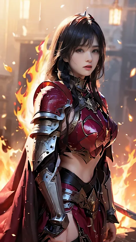 very beautiful woman、slender women、(detailed face)、realistic skin、((knight of fire)), (((red armor:1.25)))、((((black armor with ...